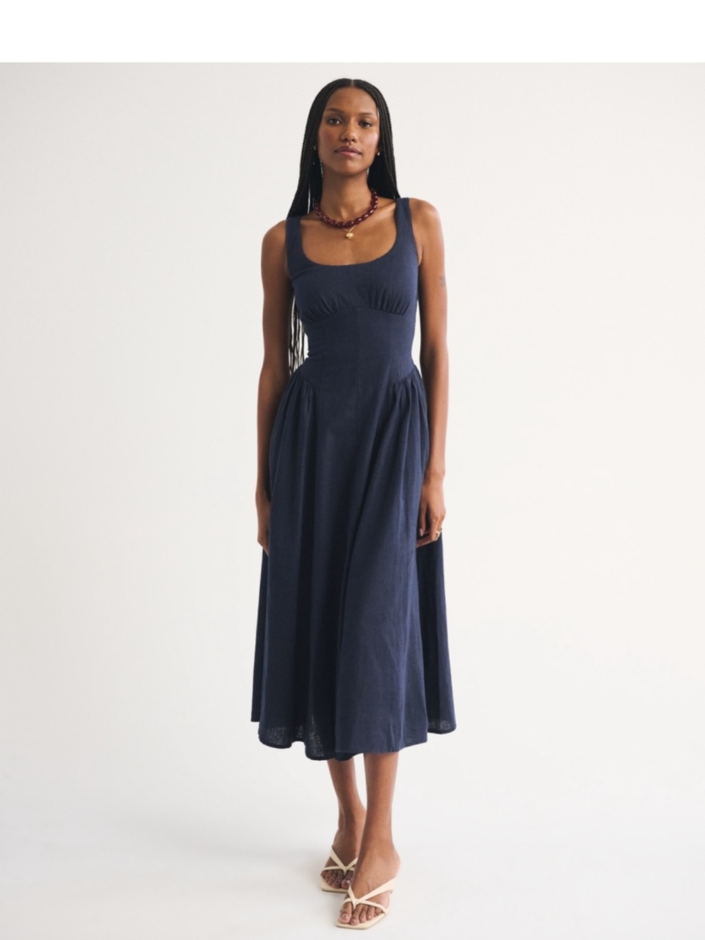 Abercrombie and Fitch Navy Linen Blend Midi Dress with Scoop Neck